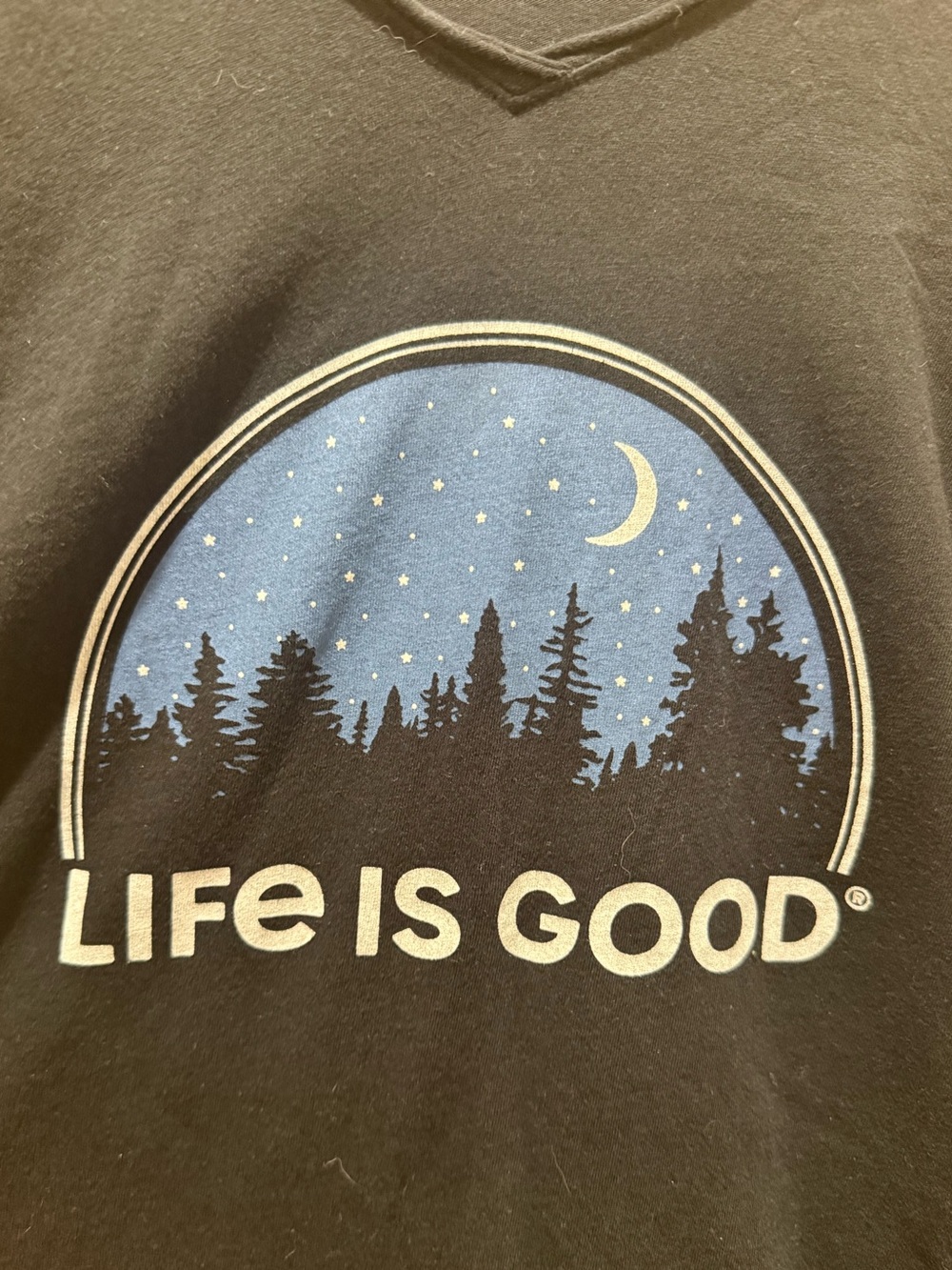 Life Is Good Black Tee with Blue Night Sky Graphic